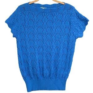 VTG Cottagecore Knit Sweater Top S Blue Lace Short Sleeve Fairycore Boho Granny